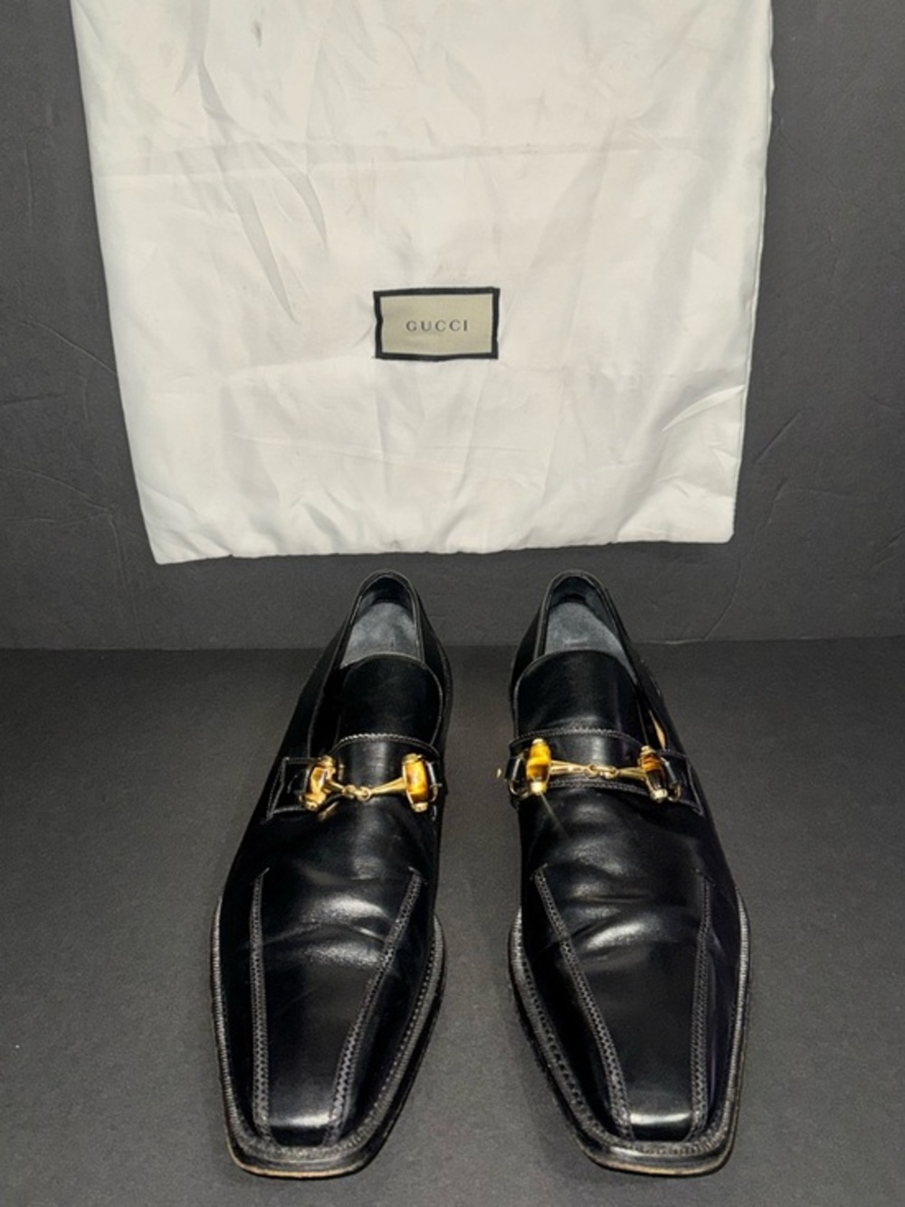 Gucci Black Leather Horsebit Square-Toe Loafers